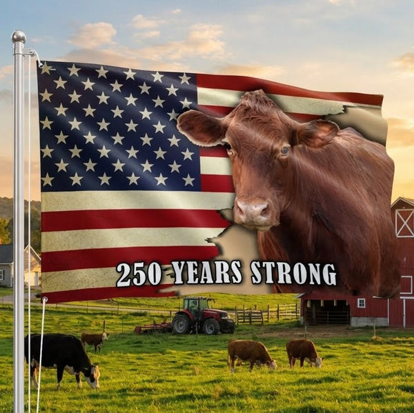 250 Years Strong Cow American Flag for Farmhouse Patriotic Decor