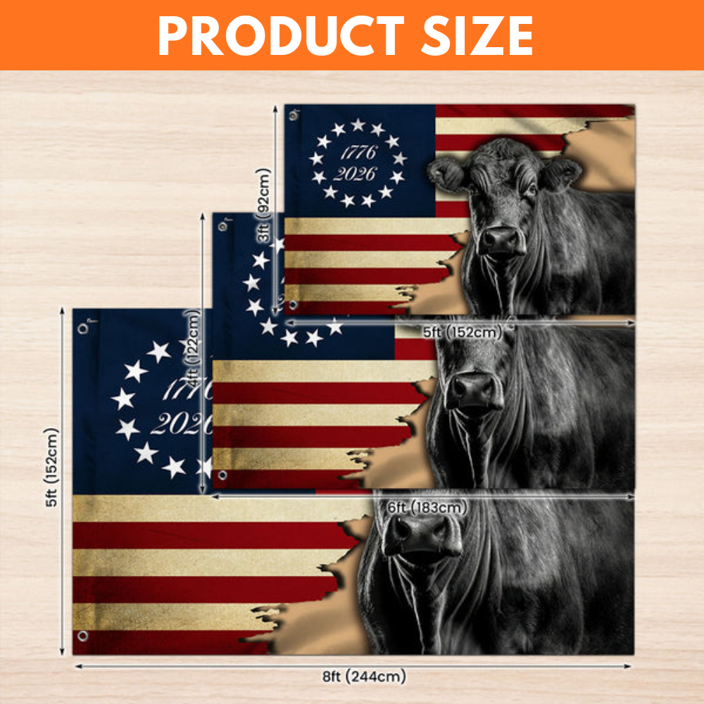Black Angus Cattle Flag, 1776 2026 Proud Cow Farmer Farm Life Grommet Flag