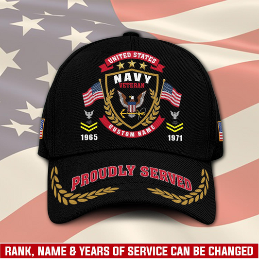 Personalized U.S. Navy Veteran Cap – Custom Name, Rank & Years of Service