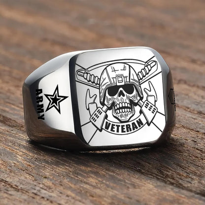 US Army – Engraved Men's Ring – Veteran Skull Signet