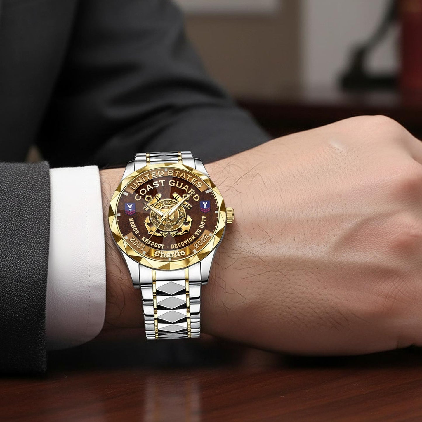US Coast Guard – Diamond-Cut Bezel Watch – Duty Honor Country