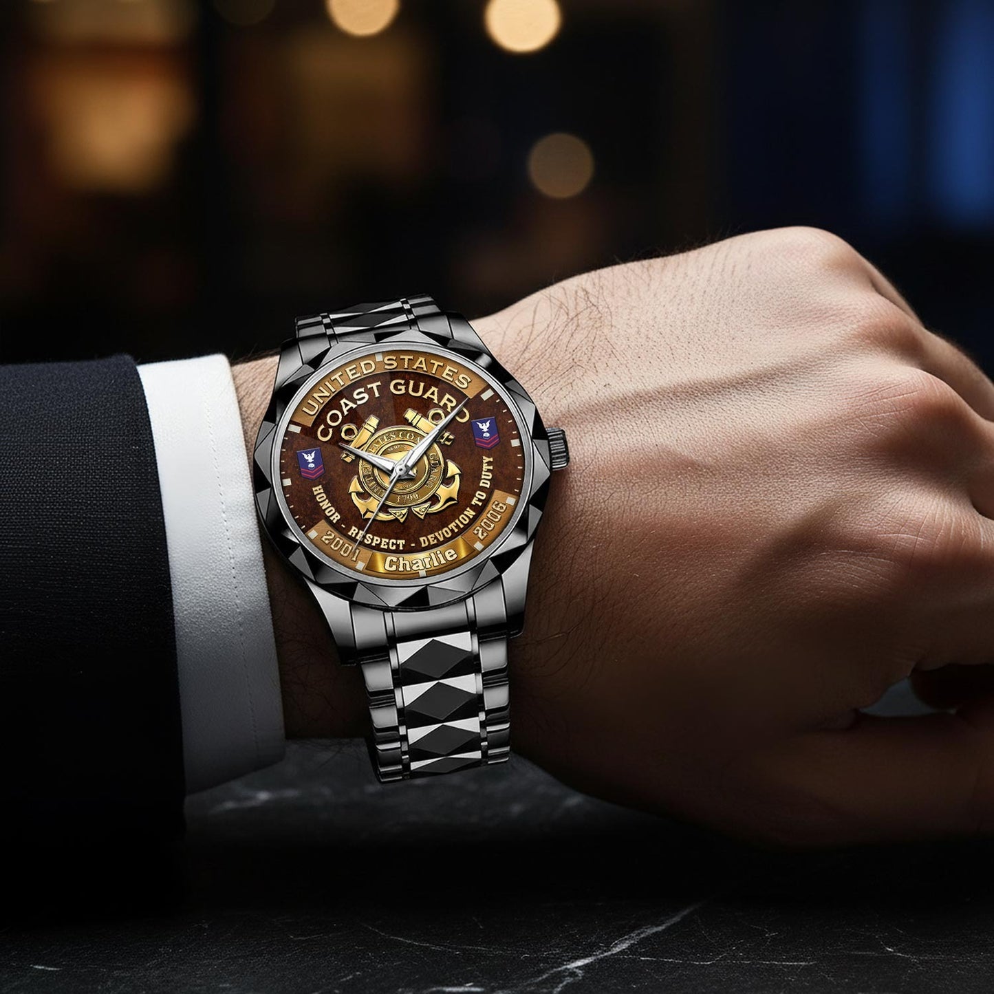 US Coast Guard – Diamond-Cut Bezel Watch – Duty Honor Country