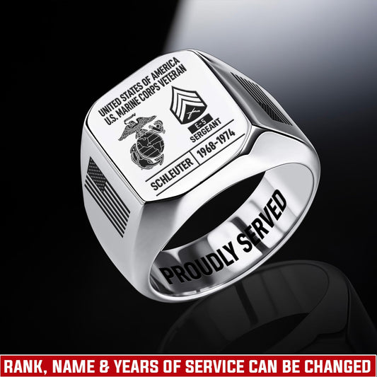 US Marine Corps – Engraved Men's Ring –  Custom Rank Memorial Design