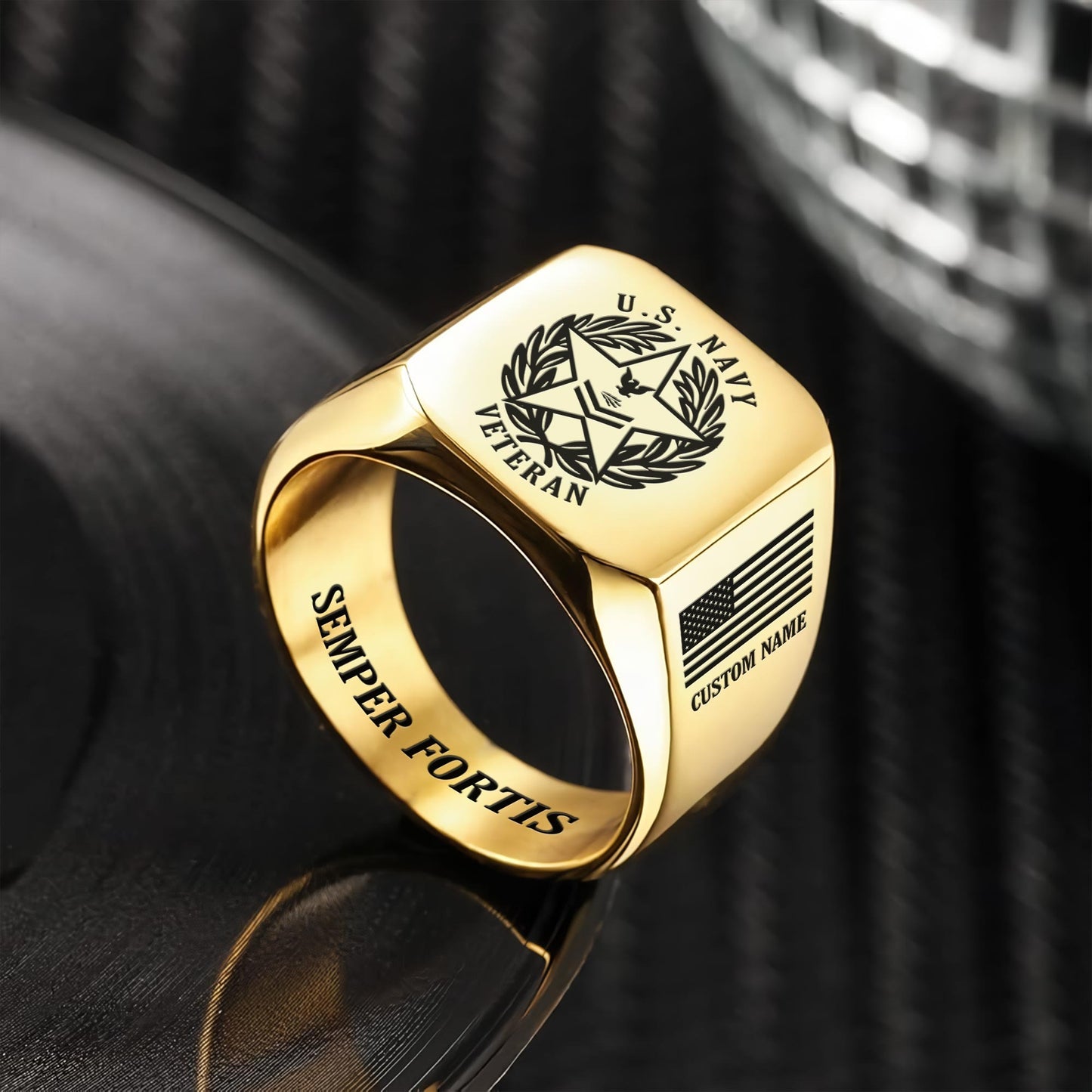 US Navy – Engraved Men's Ring – Classic Military Wreath