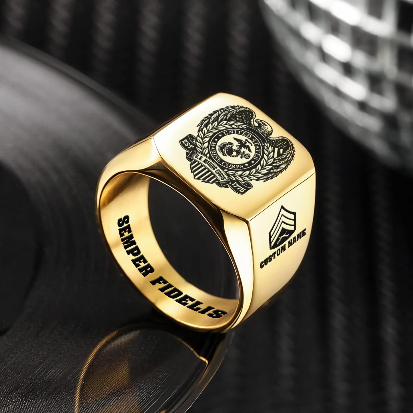 US Marine Corps – Engraved Men's Ring –  Freedom Laurel Emblem