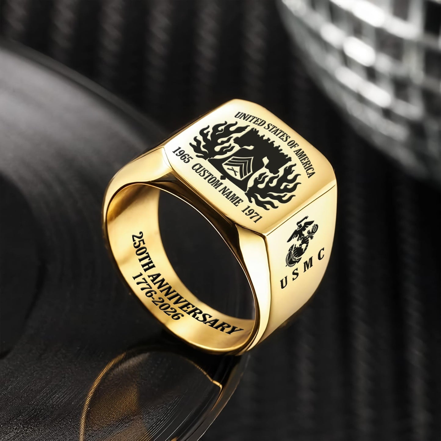 US Marine Corps – Engraved Men's Ring –  Valor Flame Crest