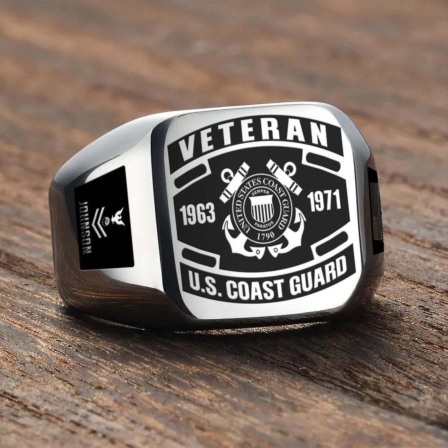 US Coast Guard – Engraved Men's Ring –  Veteran Black Shield