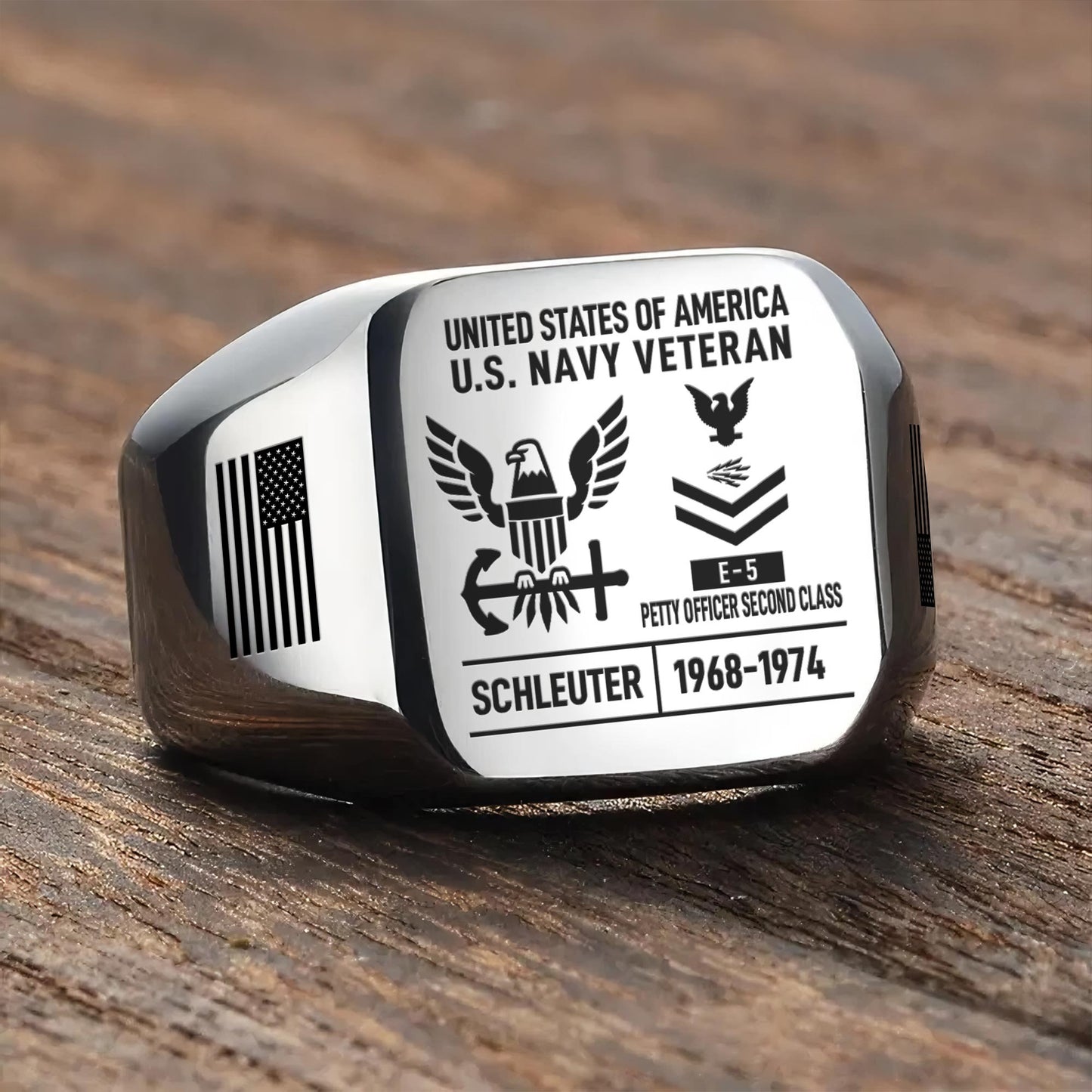 US Navy – Engraved Men's Ring – Custom Rank Memorial Design