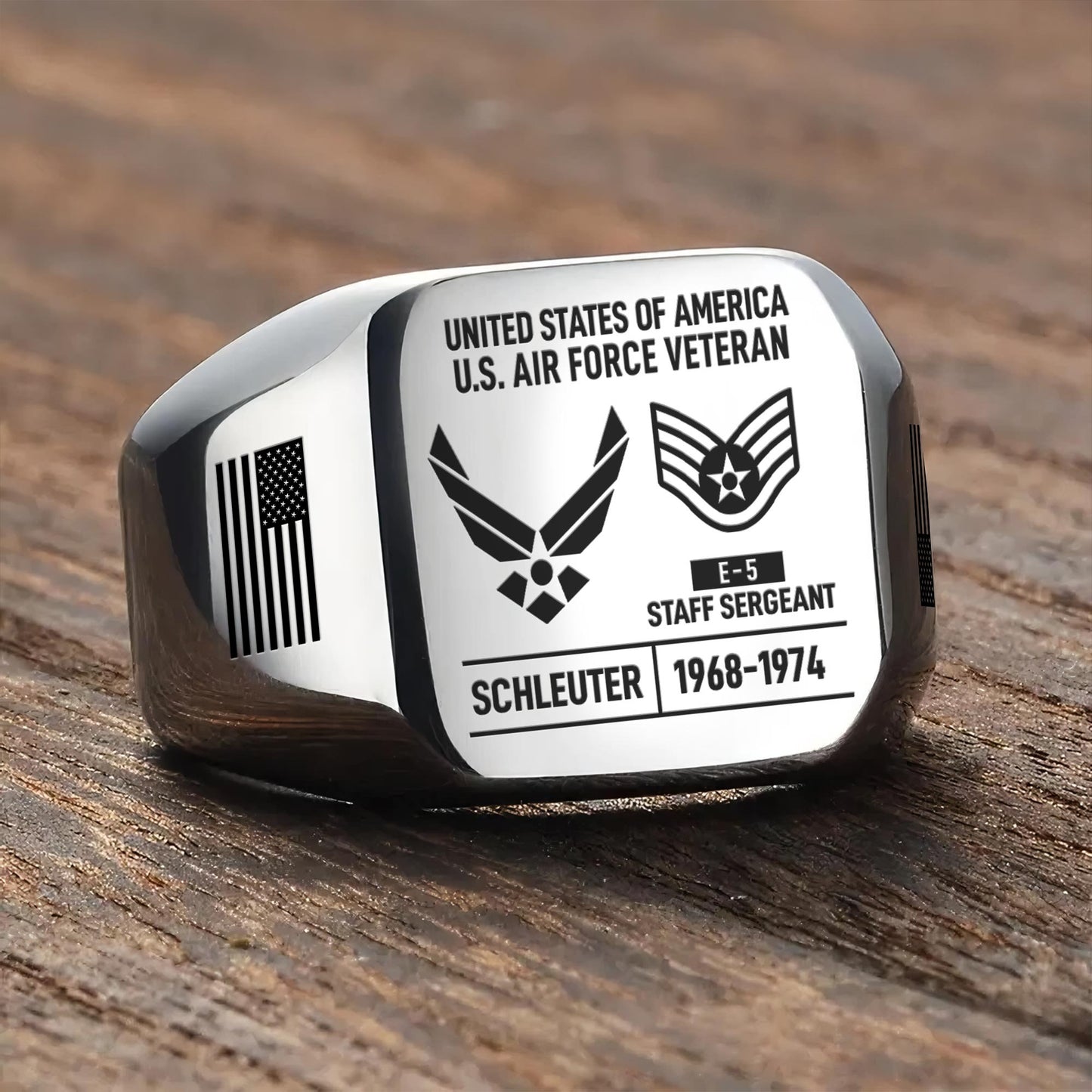 US Air Force – Engraved Men's Ring – Custom Rank Memorial Design