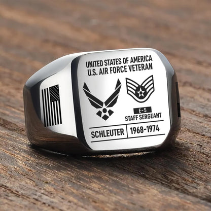 US Air Force – Engraved Men's Ring – Custom Rank Memorial Design
