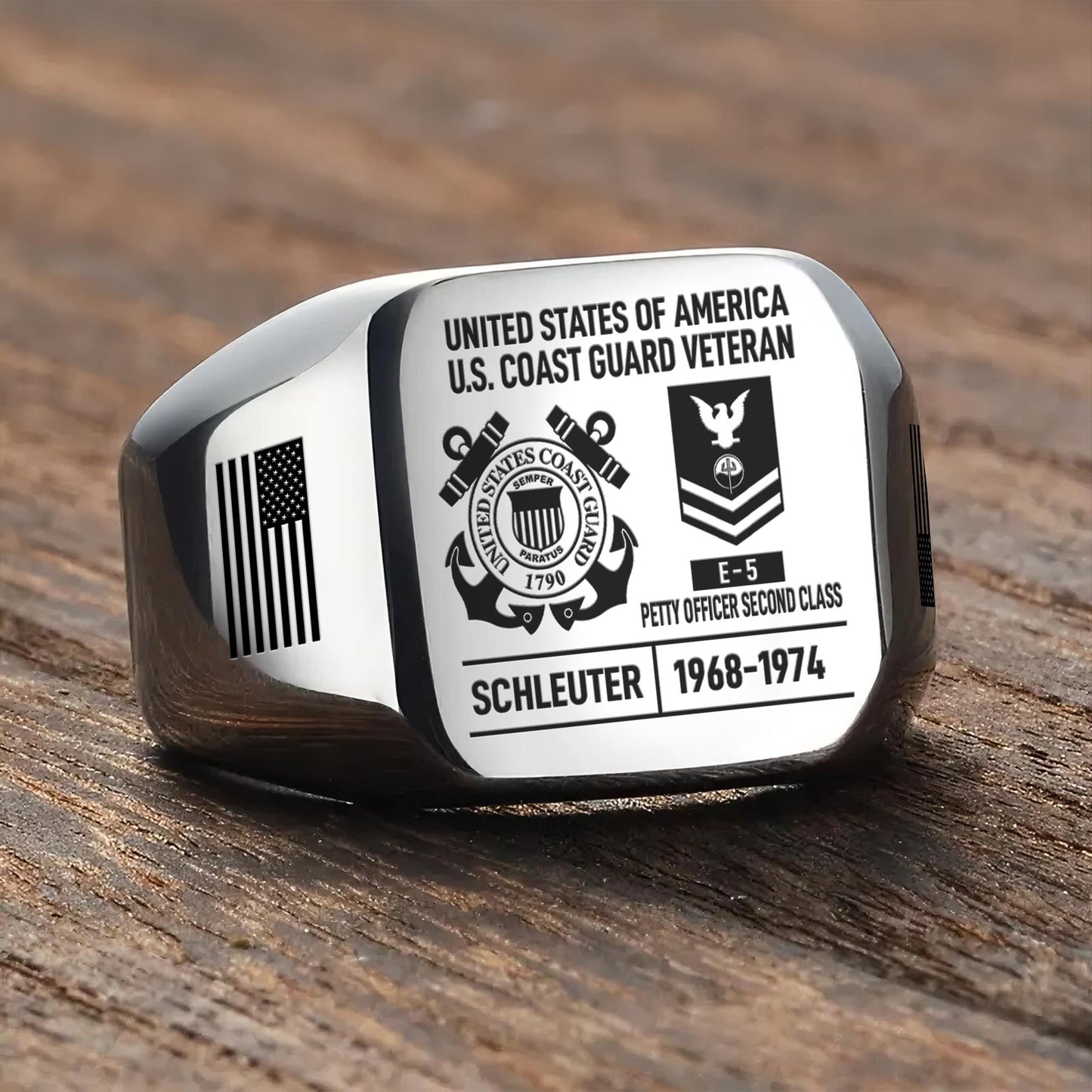 US Coast Guard – Engraved Men's Ring – Custom Rank Memorial Design