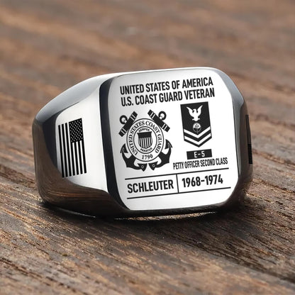 US Coast Guard – Engraved Men's Ring – Custom Rank Memorial Design