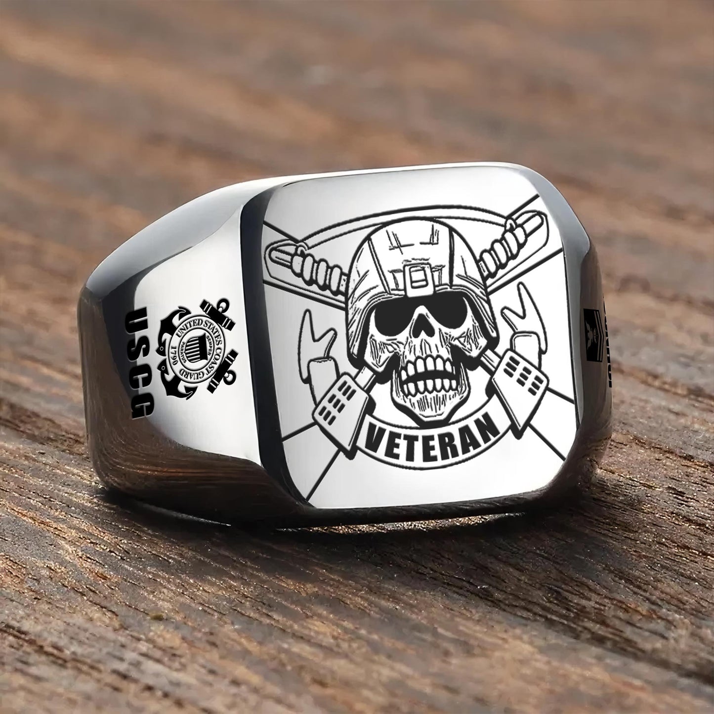 US Coast Guard – Engraved Men's Ring – Veteran Skull Signet