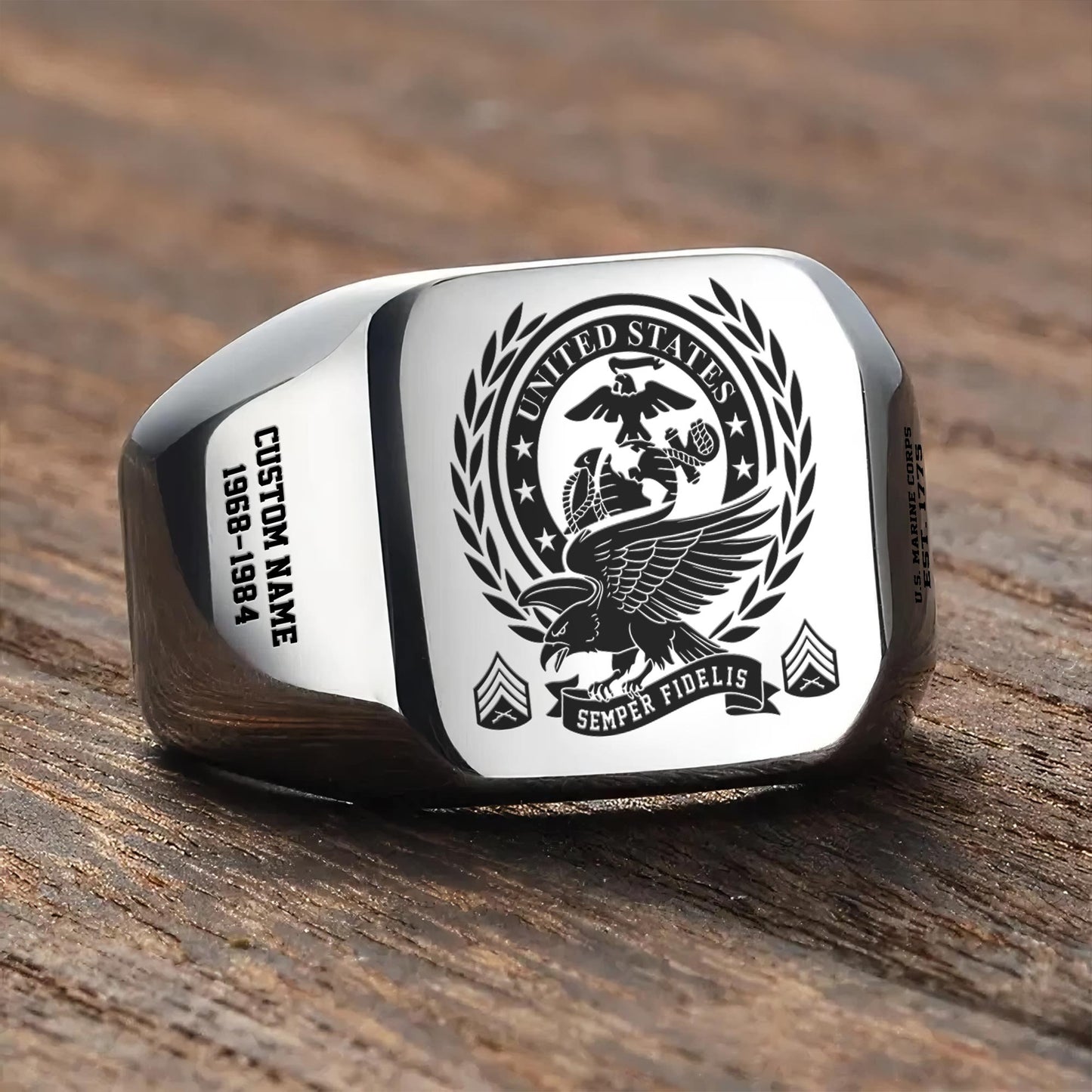 US Marine Corps – Engraved Men's Ring – Laurel Honor Signet