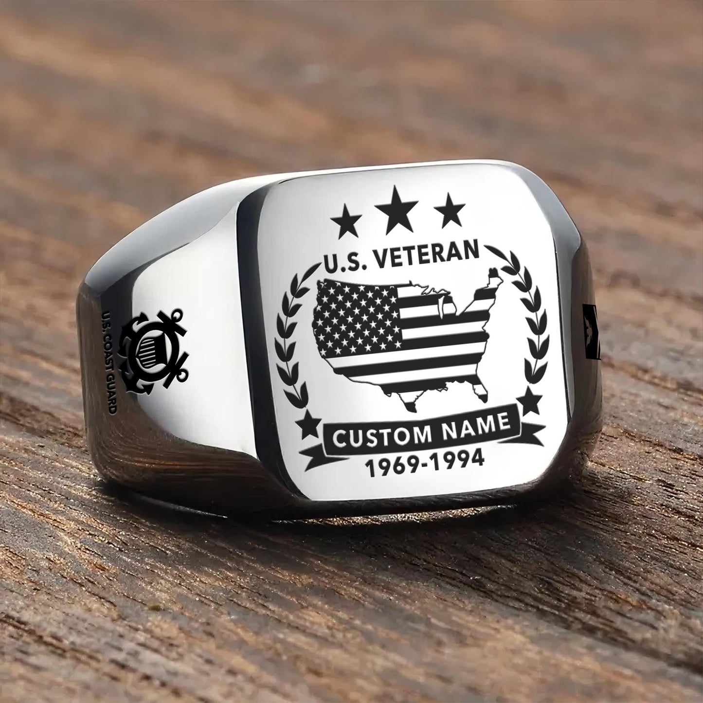 US Coast Guard – Engraved Men's Ring –  Laurel Star Emblem