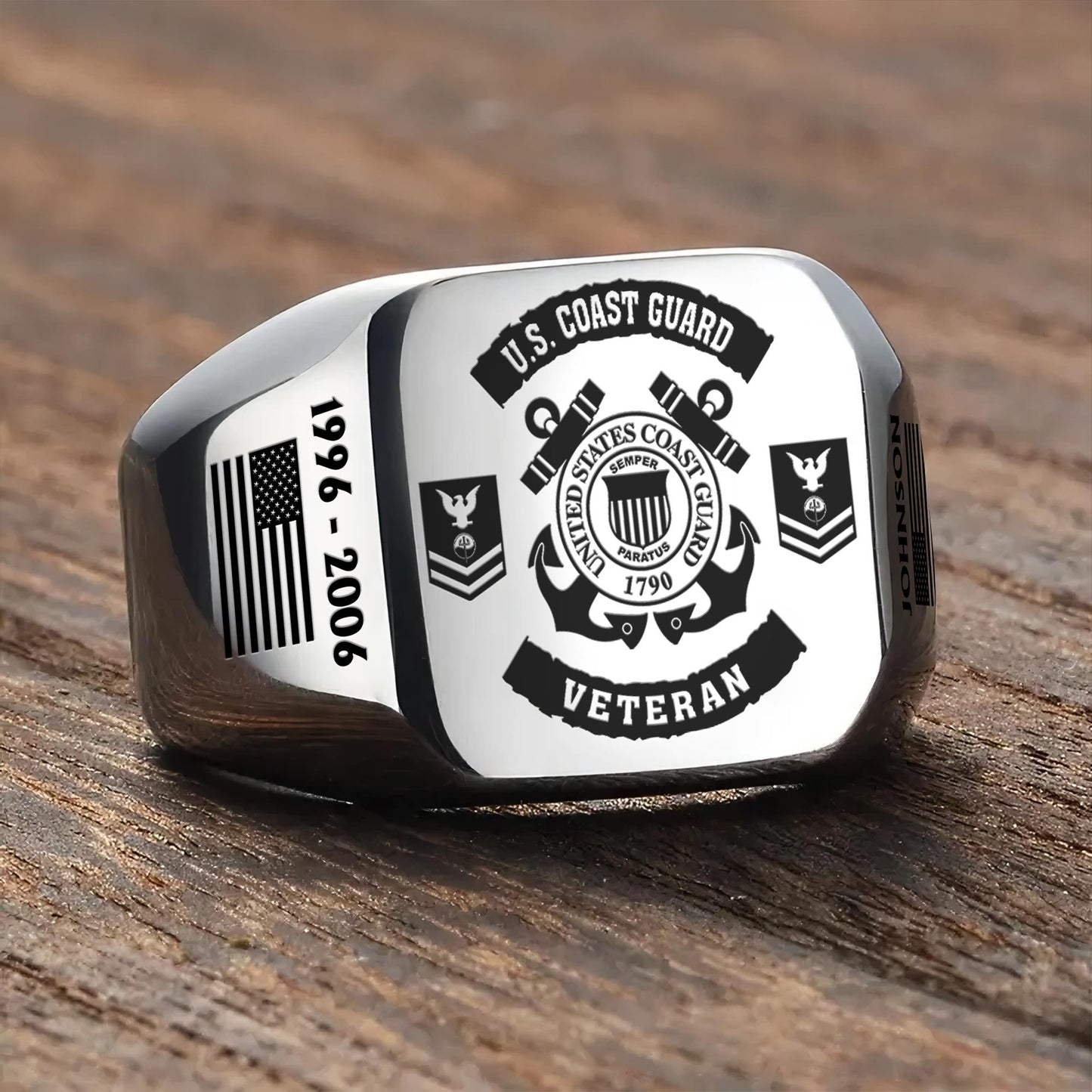 US Coast Guard – Engraved Men's Ring – Veteran Badge Crest