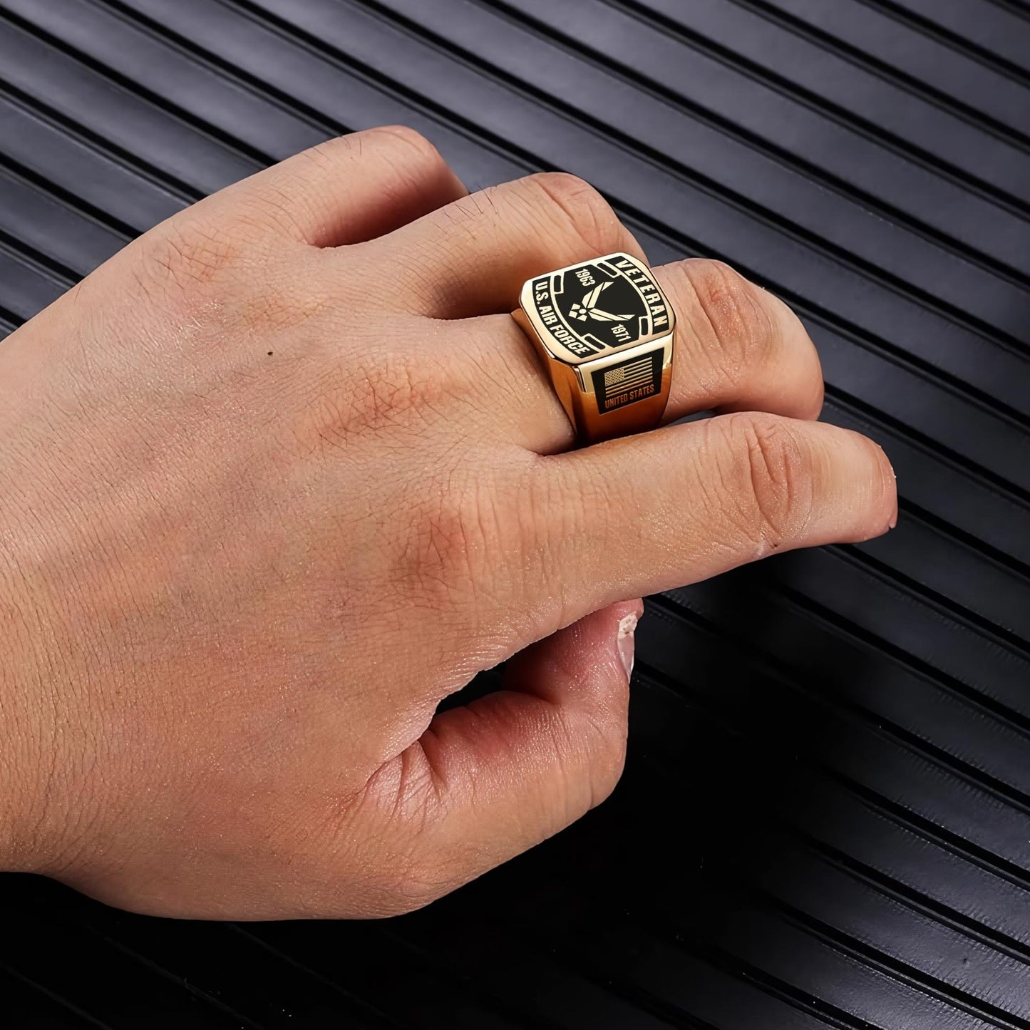 US Air Force – Engraved Men's Ring – Veteran Black Shield