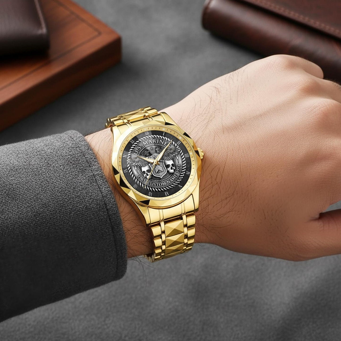 US Marine Corps – Diamond-Cut Bezel Watch – Warrior Steel Crest