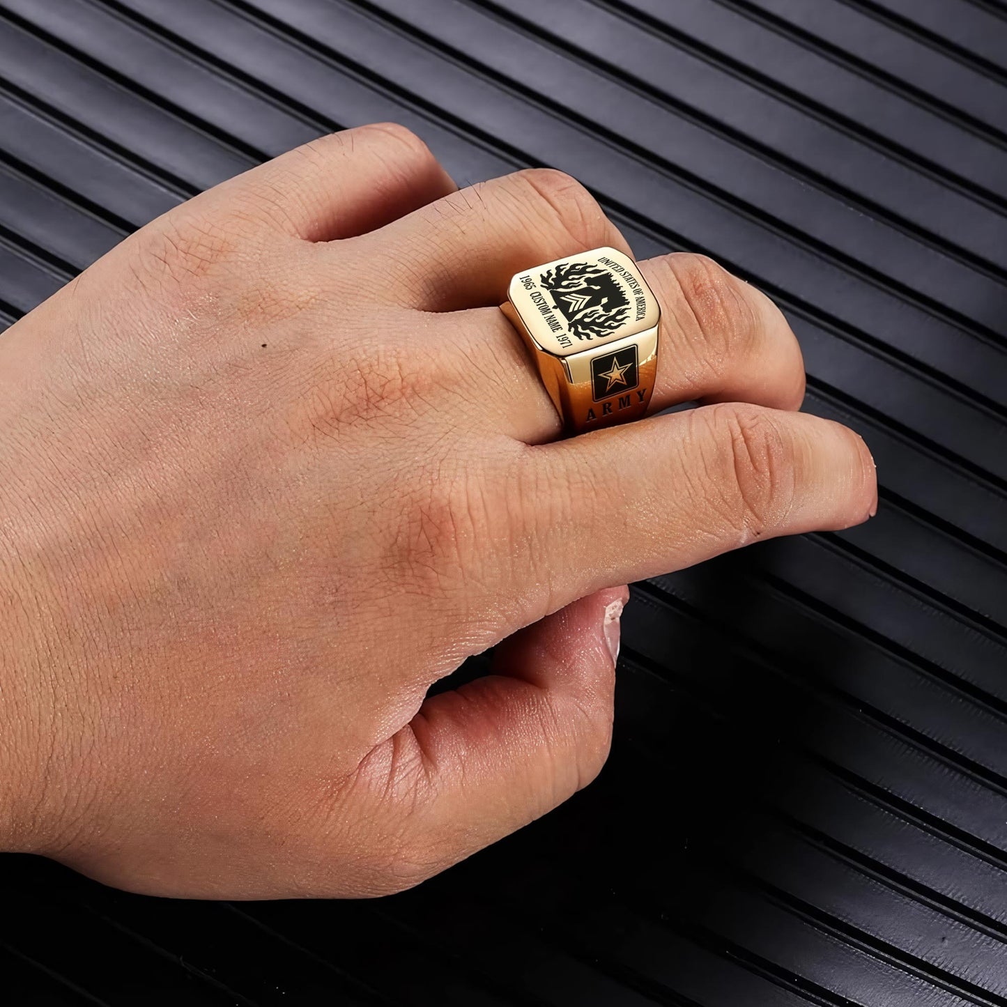 US Army – Engraved Men's Ring – Valor Flame Crest