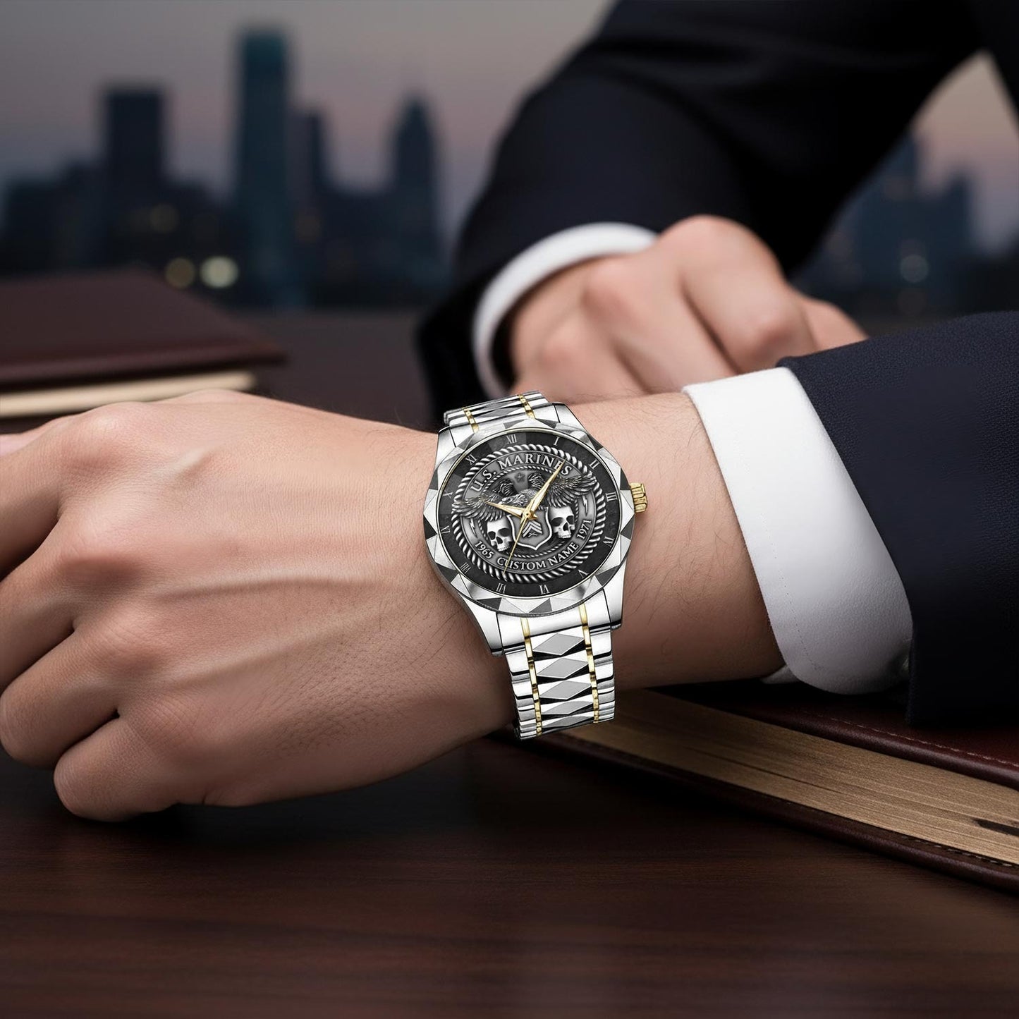US Marine Corps – Diamond-Cut Bezel Watch – Warrior Steel Crest