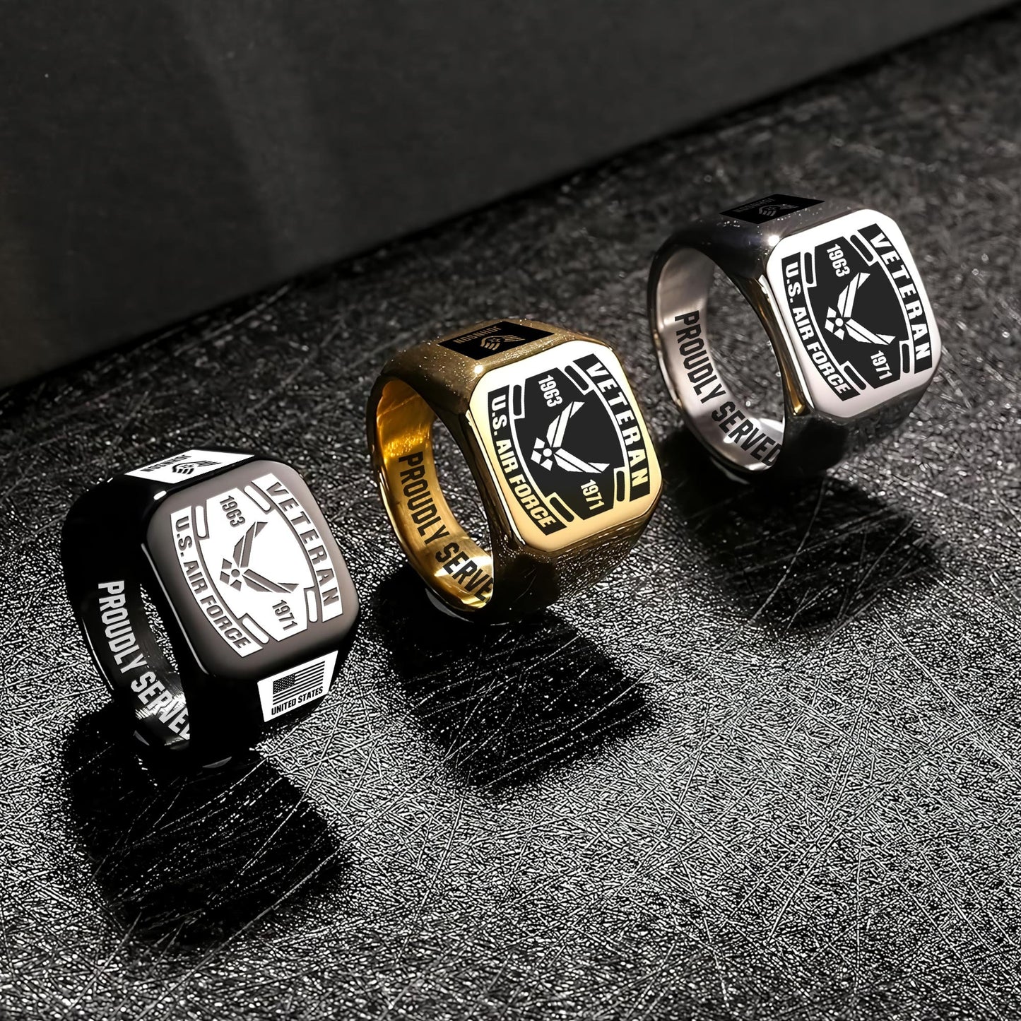 US Air Force – Engraved Men's Ring – Veteran Black Shield