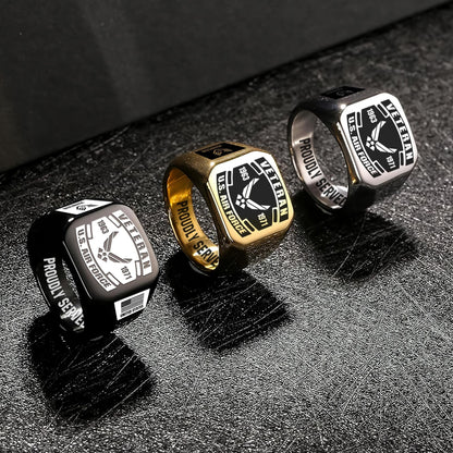 US Air Force – Engraved Men's Ring – Veteran Black Shield